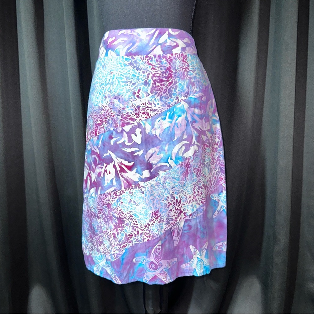 Santiki A-Line Skirt Small Elastic Waist Tropical Beach Starfish Rayon‎ Vintage